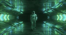 Astronaut Walking In Neon Glowing Futuristic Tunne - 180324003