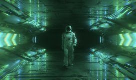 Astronaut Walking In Neon Glowing Futuristic Tunne 120724009